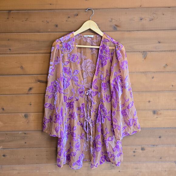 Urban Outfitters Fiona Floral Burnout Velvet Sheer Robe OS Tie Front Boho Cover - Picture 2 of 6